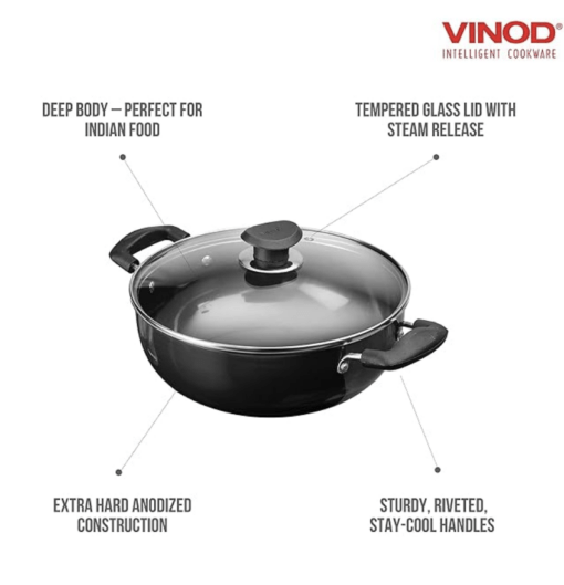 Vinod Hard Anodized Kadhai 10 L(105 Quarts-Stainless Steel Lid-34Cm-Suitable for Indian Cooking/Sauces/Stews-Large Saucepan, Multi Use Deep Wok/Pot-Riveted Handles, Aluminium, Black - Image 2